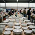 展馆内成排展位与素白瓷餐具陈列