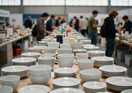 展馆内成排展位与素白瓷餐具陈列