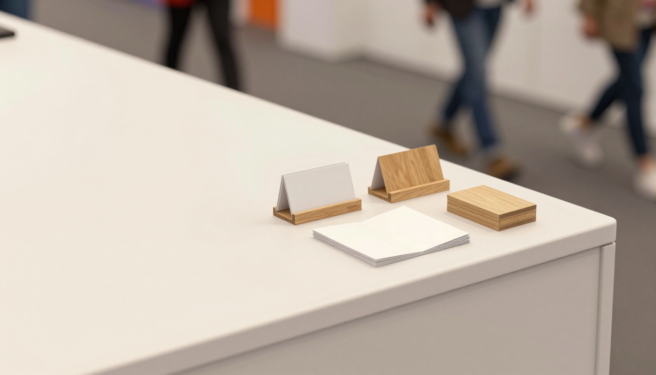 展会现场展台的产品样品、名片架与空白折页