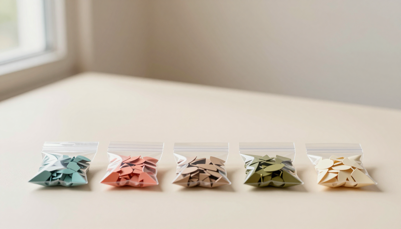 半成品选品:五只分色装满手工配件的透明组件袋